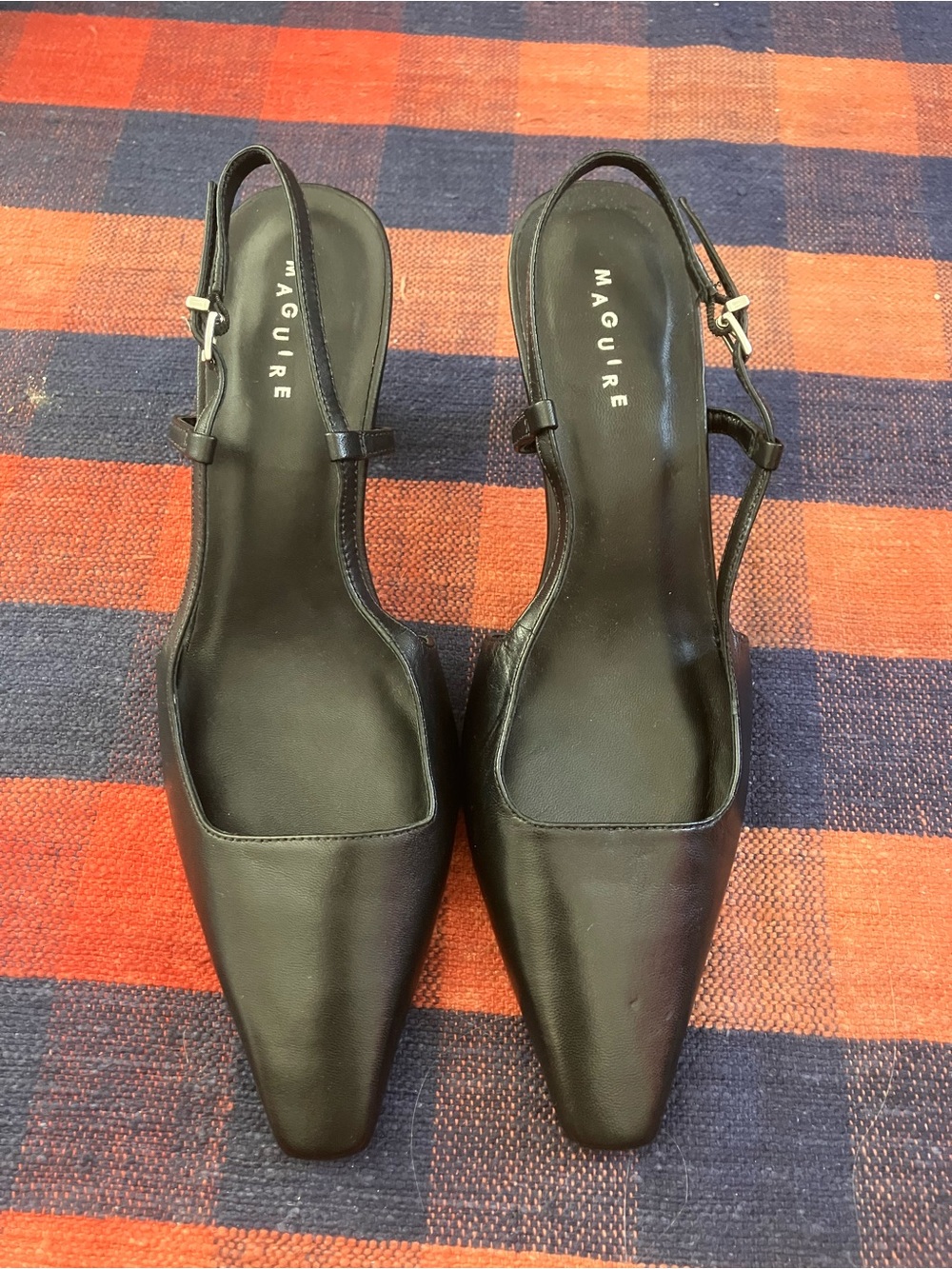 Maguire Black Leather Pointed Slingback Kitten Heels